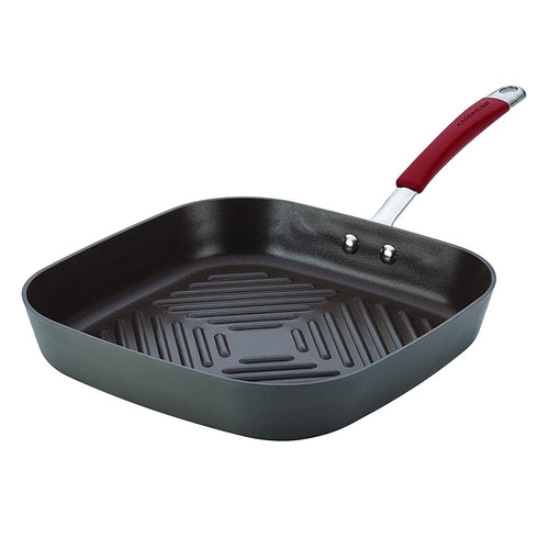 Rachael Ray Cucina sartén antiadherente anodizado duro, rojo, gris (Gray with Red Handles), 11-in Deep Square Grill Pan, 1