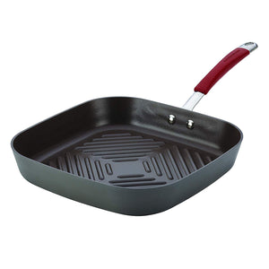 Rachael Ray Cucina sartén antiadherente anodizado duro, rojo, gris (Gray with Red Handles), 11-in Deep Square Grill Pan, 1