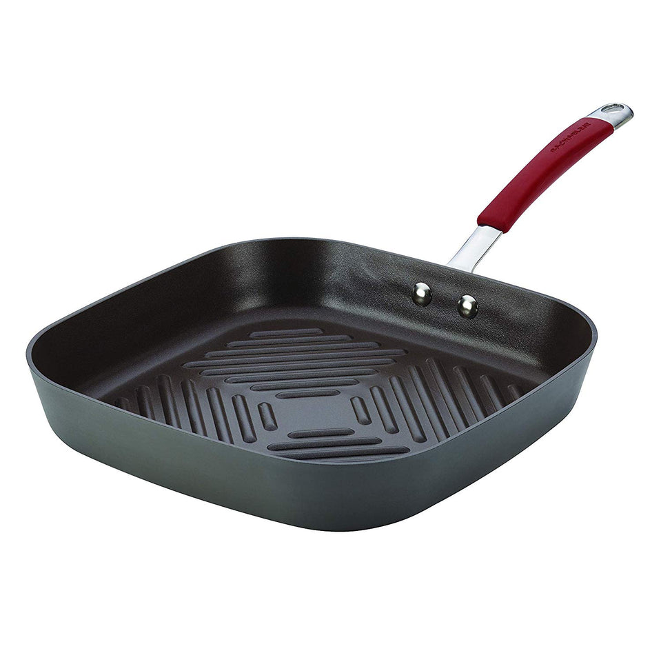 Rachael Ray Cucina sartén antiadherente anodizado duro, rojo, gris (Gray with Red Handles), 11-in Deep Square Grill Pan, 1