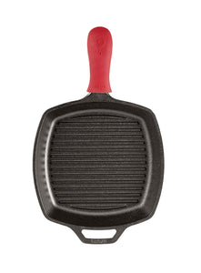 Lodge L8SGP3ASHH41B Sartén Cuadrado de Hierro Forjado para Parrilla, con Agarradera para Calor de Silicona Roja, 26 cm