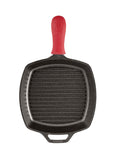 Lodge L8SGP3ASHH41B Sartén Cuadrado de Hierro Forjado para Parrilla, con Agarradera para Calor de Silicona Roja, 26 cm
